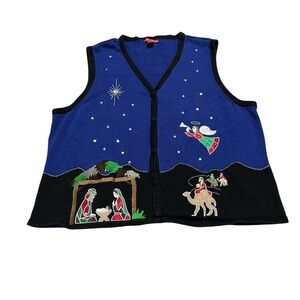 Vintage 90s Women’s XL Christmas Nativity Scene Embroidered Knit Sweater Vest